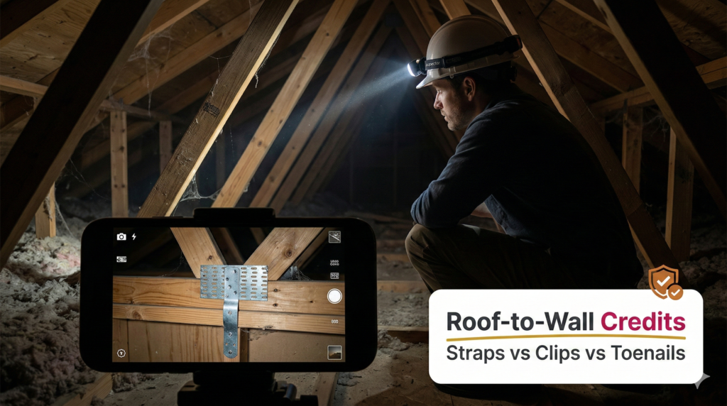 Roof to wall straps wind mitigation proof photos straps clips toenails Florida